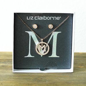 NWT Liz Claiborne M Initial Earring & Necklace Set